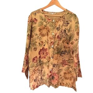 Vtg Smith & Hawken Linen Button Floral Tunic Top Womens L Cottage Garden Coastal